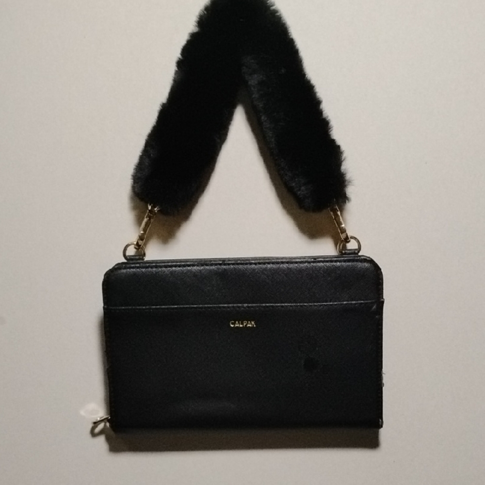 Calpak Elegant Black Wristlet with Fur Strap